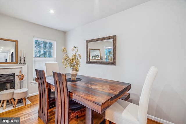 3 Casino Ct, Silver Spring, MD 20906 - dining room featuring recessed lighting, a high end fireplace, light wood-style flooring, and baseboards