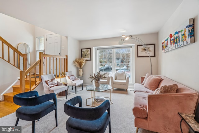 3 Casino Ct, Silver Spring, MD 20906 - living room featuring baseboards, stairway, and carpet flooring