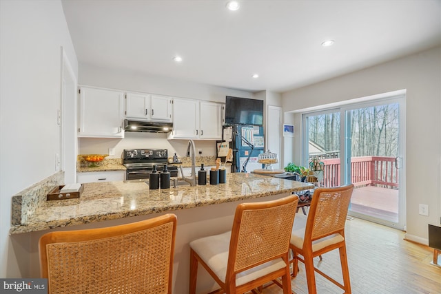 3 Casino Ct, Silver Spring, MD 20906 - kitchen with stainless steel range with electric stovetop, under cabinet range hood, white cabinetry, light wood finished floors, and light stone counters