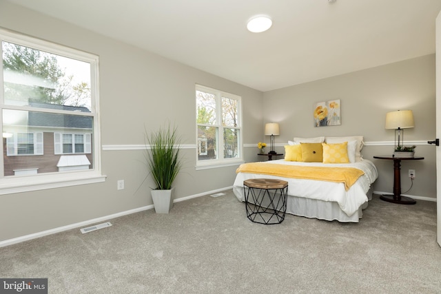bedroom featuring visible vents, baseboards, and carpet floors
