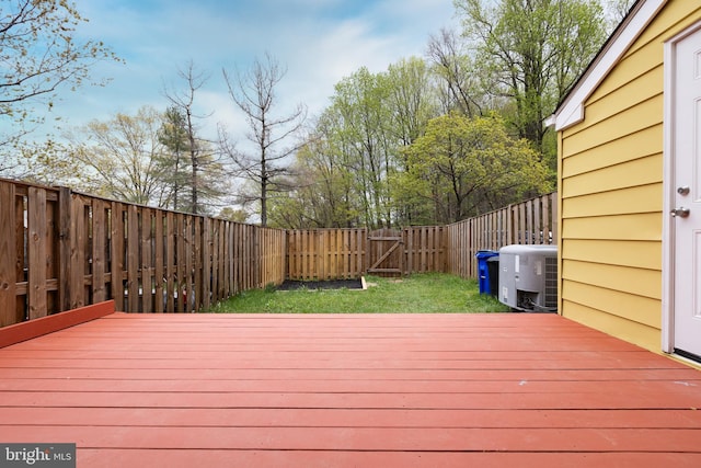 wooden terrace with a fenced backyard, a gate, and central air condition unit