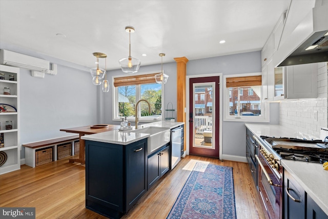4935 New Hampshire Ave NW, Washington, DC 20011 - kitchen with a wall mounted air conditioner, light countertops, stainless steel appliances, range hood, and a sink