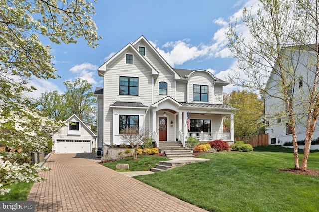 4777 33rd St N, Arlington, VA 22207 - craftsman inspired home with a standing seam roof, an outdoor structure, a porch, a front yard, and metal roof