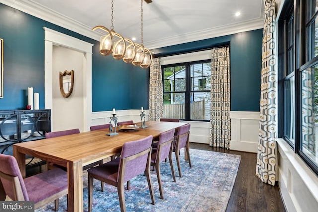 4777 33rd St N, Arlington, VA 22207 - dining space with a decorative wall, ornamental molding, a wainscoted wall, dark wood-style flooring, and recessed lighting