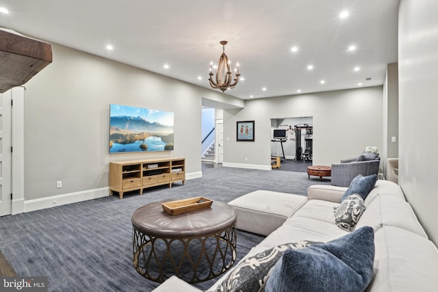 4777 33rd St N, Arlington, VA 22207 - carpeted living room featuring baseboards, an inviting chandelier, stairs, and recessed lighting