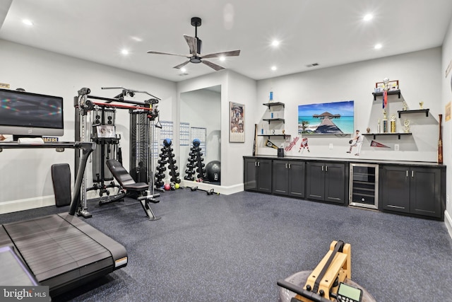 4777 33rd St N, Arlington, VA 22207 - exercise area featuring a ceiling fan, wet bar, baseboards, wine cooler, and recessed lighting