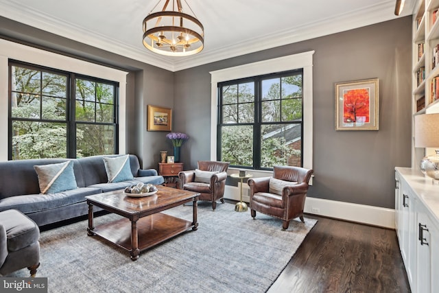 4777 33rd St N, Arlington, VA 22207 - living area featuring crown molding, baseboards, a notable chandelier, and dark wood-style floors