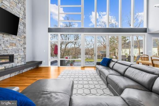 living room with a towering ceiling, wood finished floors, and a fireplace