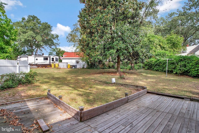 wooden terrace with a yard and fence