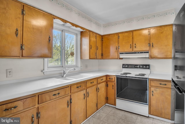 413 W Marble St, Mechanicsburg, PA 17055 - kitchen featuring electric stove, under cabinet range hood, a sink, and light countertops