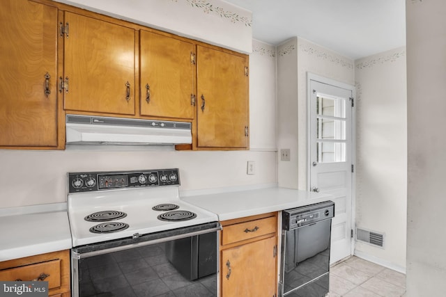 413 W Marble St, Mechanicsburg, PA 17055 - kitchen featuring range with electric cooktop, under cabinet range hood, dishwasher, light countertops, and light tile patterned flooring