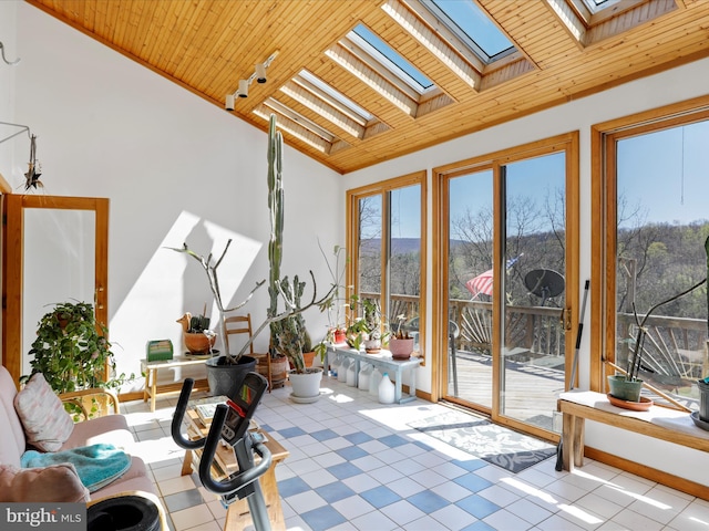 sunroom featuring a skylight and a mountain view