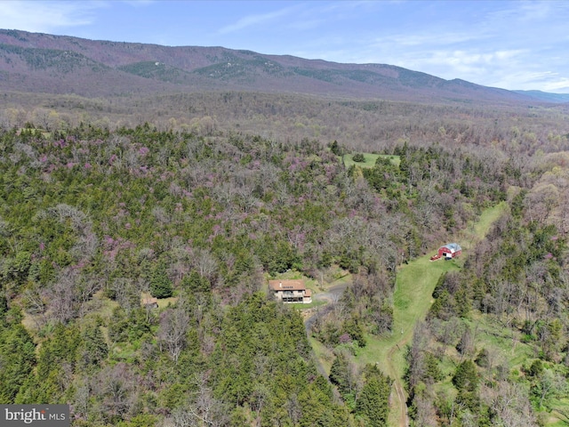 birds eye view of property with a wooded view and a mountain view