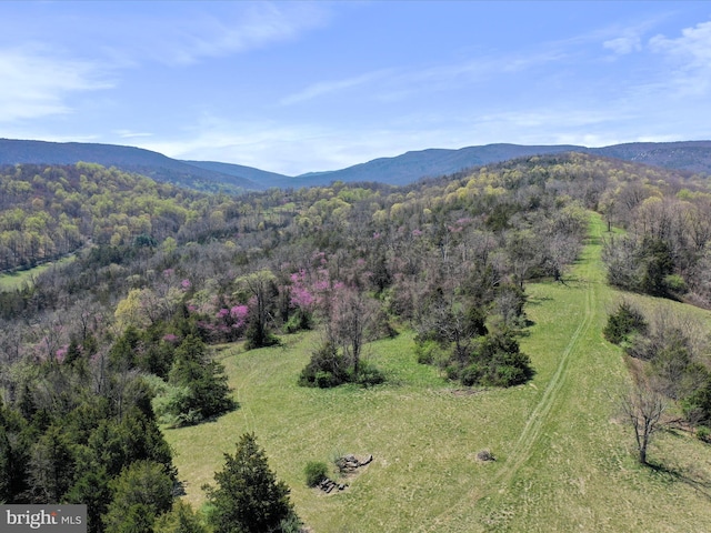 drone / aerial view with a wooded view and a mountain view