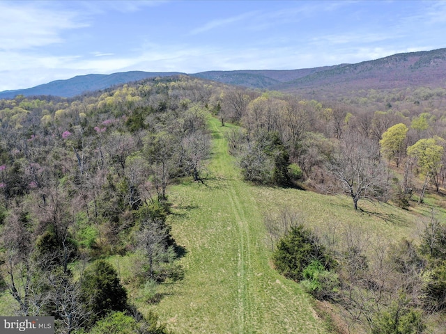 drone / aerial view featuring a forest view and a mountain view