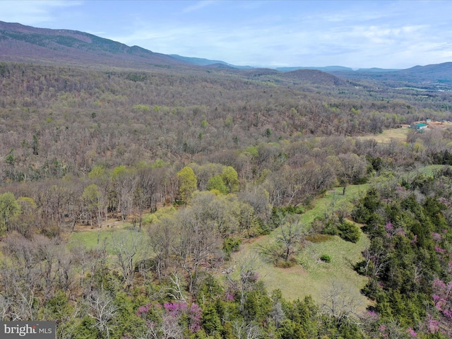 birds eye view of property featuring a mountain view and a forest view