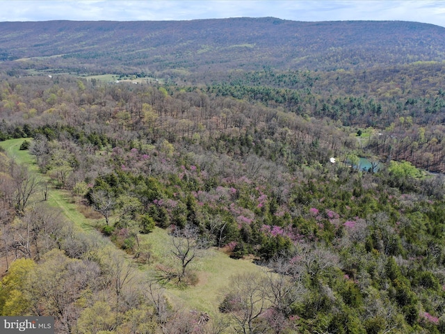 drone / aerial view with a wooded view and a mountain view
