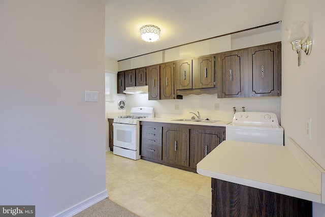 7203 Roanne Dr, Oxon Hill, MD 20745 - kitchen featuring a sink, dark brown cabinetry, under cabinet range hood, white gas stove, and washer / dryer