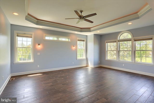 121 Rich Valley Rd, Mechanicsburg, PA 17050 - unfurnished room featuring crown molding, a ceiling fan, a tray ceiling, and dark wood-style floors
