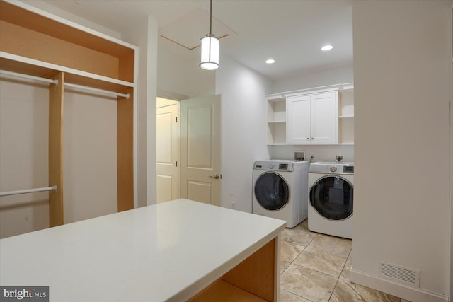 121 Rich Valley Rd, Mechanicsburg, PA 17050 - washroom with visible vents, cabinet space, light tile patterned floors, recessed lighting, and washer and dryer