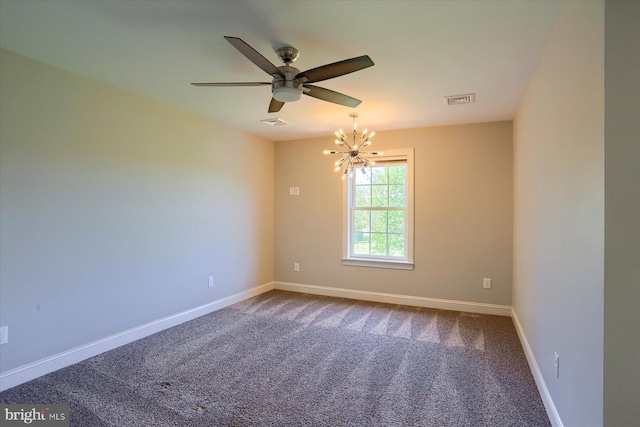 121 Rich Valley Rd, Mechanicsburg, PA 17050 - empty room with visible vents, carpet, ceiling fan with notable chandelier, and baseboards