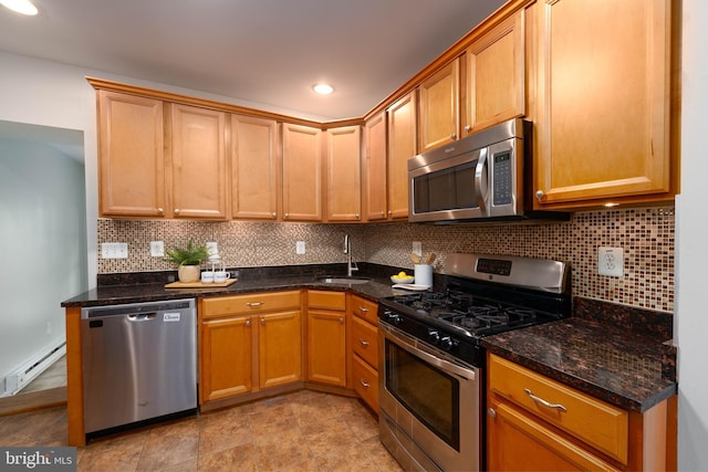 kitchen with appliances with stainless steel finishes, a sink, backsplash, dark stone countertops, and baseboard heating