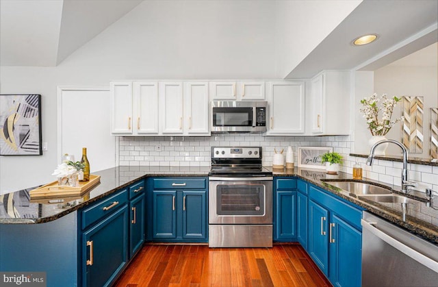 16012 Howard Landing Dr, Gaithersburg, MD 20878 - kitchen with a peninsula, white cabinetry, blue cabinetry, appliances with stainless steel finishes, and a sink