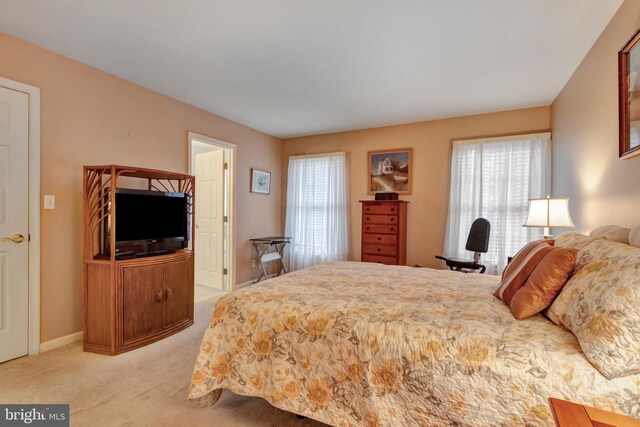 bedroom with light carpet, multiple windows, and baseboards