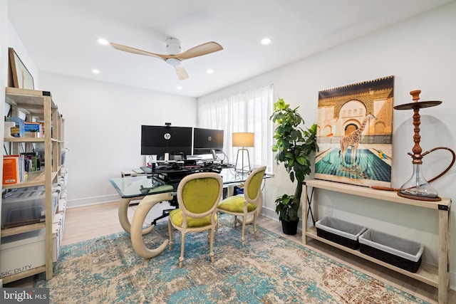 331 S 2nd St, Philadelphia, PA 19106 - office area with recessed lighting, a ceiling fan, wood finished floors, and baseboards