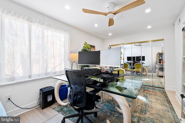 331 S 2nd St, Philadelphia, PA 19106 - office area featuring wood finished floors, baseboards, a ceiling fan, and recessed lighting