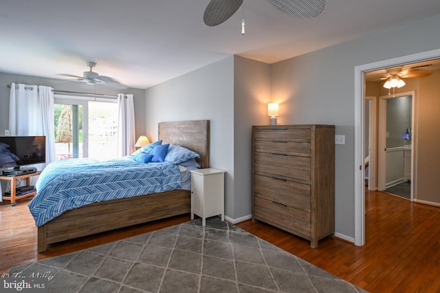bedroom featuring wood finished floors, ceiling fan, and baseboards