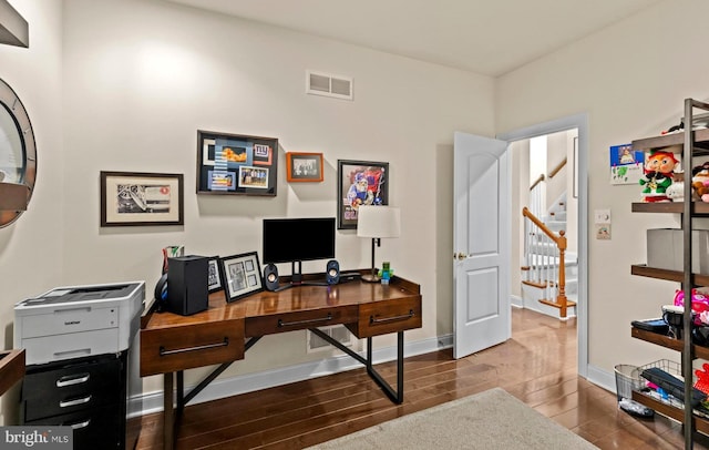 home office featuring baseboards, wood finished floors, and visible vents