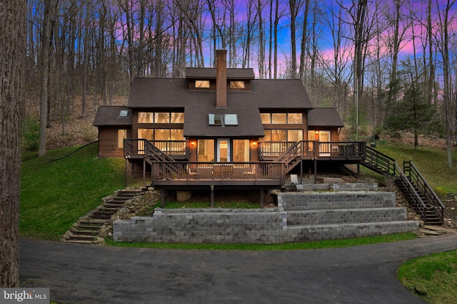 38528 Lime Kiln Rd, Middleburg, VA 20117 - back of house with a wooden deck, stairs, a lawn, and a chimney