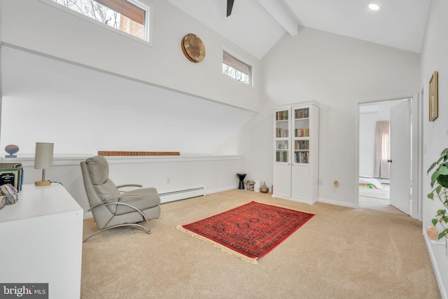 38528 Lime Kiln Rd, Middleburg, VA 20117 - sitting room featuring a baseboard radiator, ceiling fan, carpet floors, beamed ceiling, and high vaulted ceiling