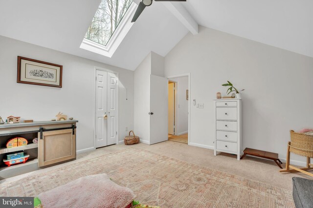 38528 Lime Kiln Rd, Middleburg, VA 20117 - sitting room featuring baseboards, beam ceiling, carpet floors, a skylight, and high vaulted ceiling