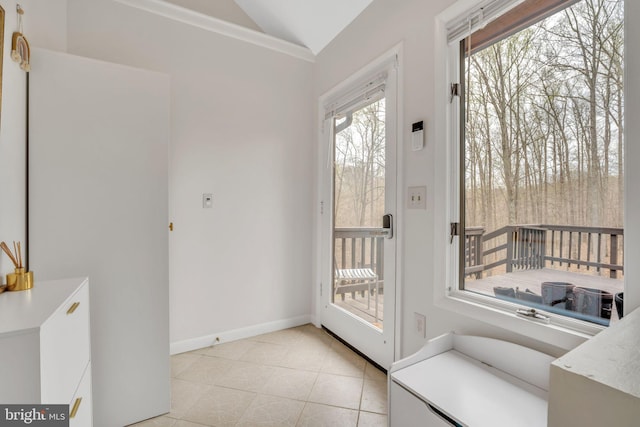 38528 Lime Kiln Rd, Middleburg, VA 20117 - doorway to outside with baseboards and vaulted ceiling