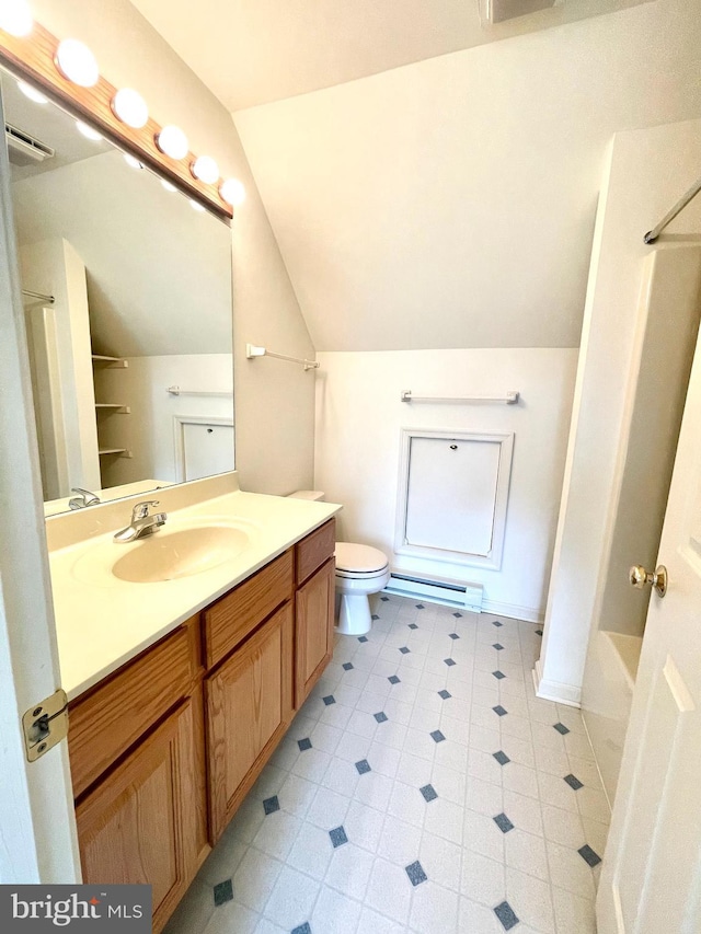 full bath featuring visible vents, toilet, a shower, vanity, and lofted ceiling