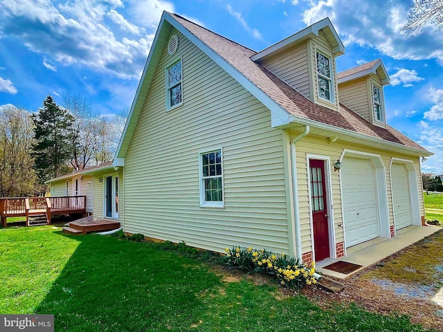 view of property exterior with a wooden deck, a garage, a yard, a shingled roof, and driveway