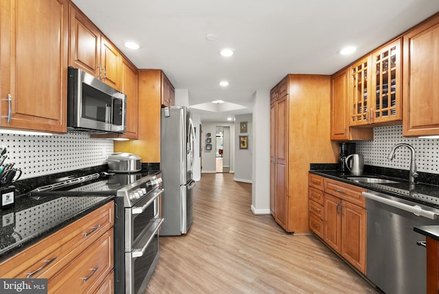 1530 Key Blvd Unit 528, Arlington, VA 22209 - kitchen with appliances with stainless steel finishes, a sink, light wood finished floors, tasteful backsplash, and recessed lighting