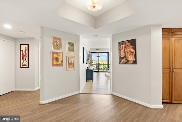 1530 Key Blvd Unit 528, Arlington, VA 22209 - hall featuring light wood-type flooring, baseboards, and a tray ceiling