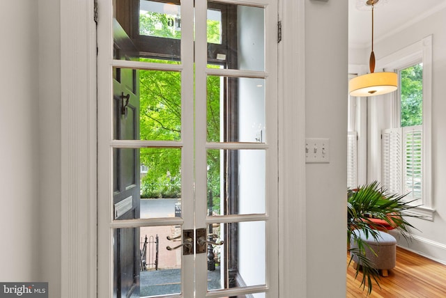 doorway to outside with wood finished floors, ornamental molding, french doors, and plenty of natural light