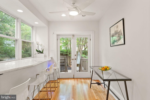 doorway featuring a wealth of natural light, french doors, light wood-type flooring, and recessed lighting