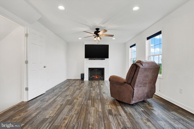 6301 Buchanan Trl W, Mercersburg, PA 17236 - living room with a glass covered fireplace, recessed lighting, dark wood-style flooring, and a ceiling fan