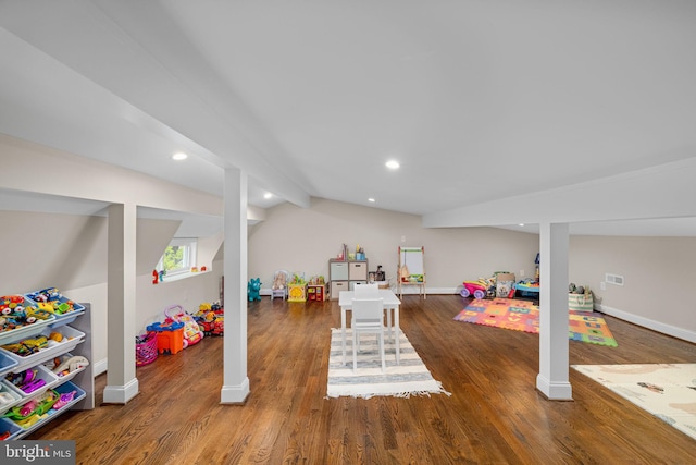 510 Quincy St NW, Washington, DC 20011 - game room featuring visible vents, baseboards, lofted ceiling with beams, recessed lighting, and wood finished floors