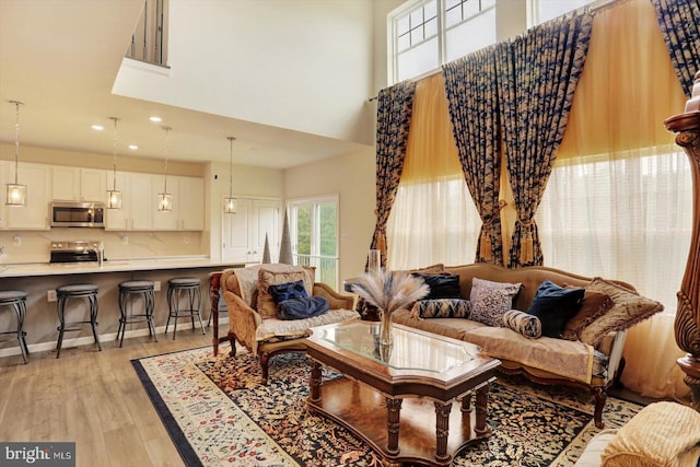 18010 Dave Anne Cir, Stewartstown, PA 17363 - living room with light wood-type flooring, a high ceiling, and recessed lighting
