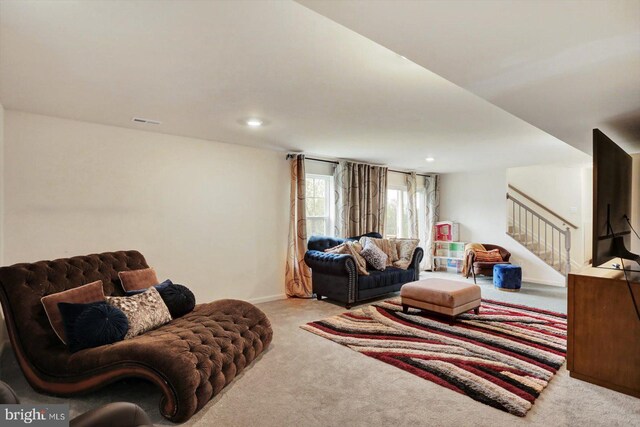 18010 Dave Anne Cir, Stewartstown, PA 17363 - carpeted living room with stairs, baseboards, and recessed lighting