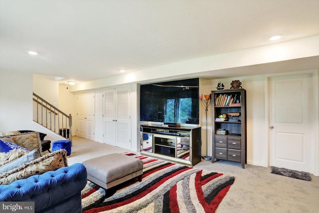 18010 Dave Anne Cir, Stewartstown, PA 17363 - carpeted living room with stairway and recessed lighting