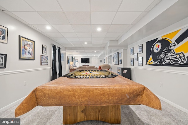 carpeted bedroom featuring a drop ceiling, baseboards, and recessed lighting