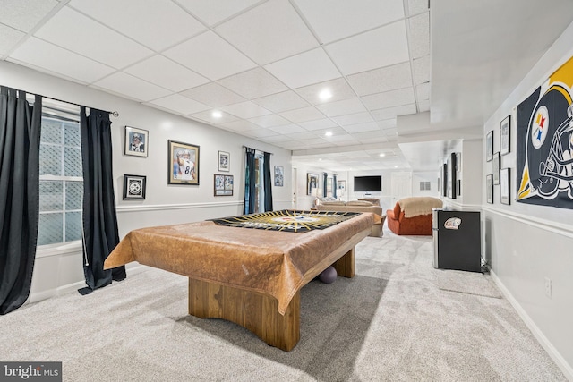 rec room featuring a paneled ceiling, pool table, carpet flooring, and recessed lighting