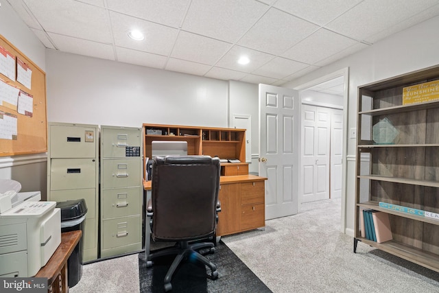 carpeted home office with recessed lighting